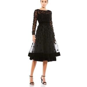 MAC DUGGAL Black Embellished Illusion High Neck Long Sleeve Fit & Flare dress